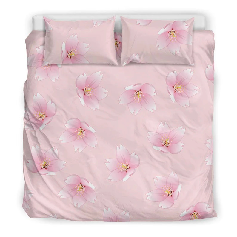 Inktee Store - Pretty Pink Sakura Cherry Blossom Japanese Oriental Floral Design Quilt Bedding Sets Image