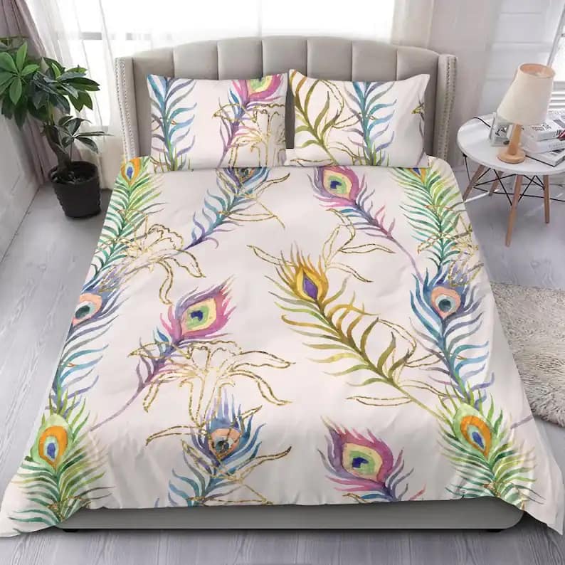 Rainbow Peacock Feather Bedroom Decor With Colorful Feather Quilt Bedding Sets