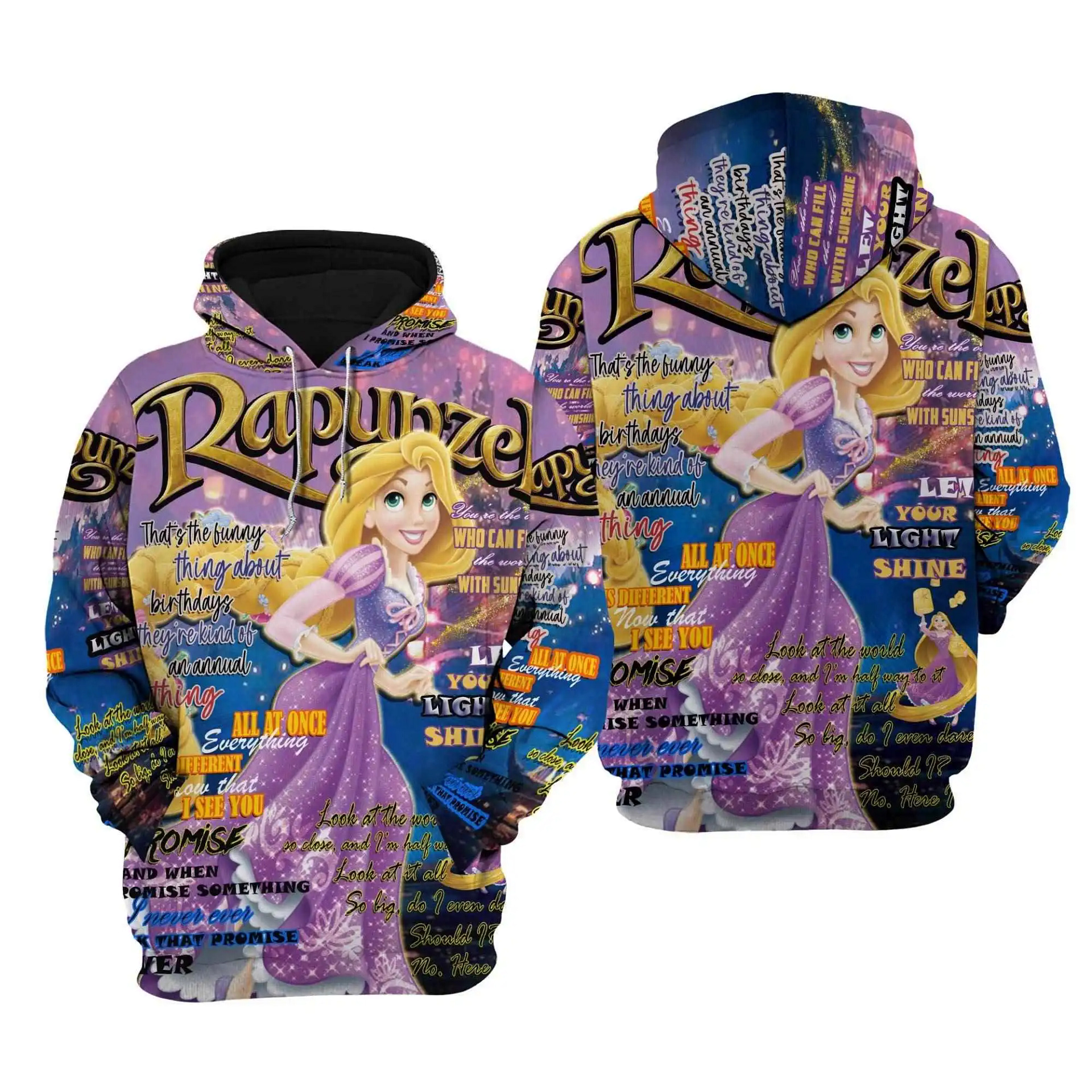Rapunzel Punk Words Pattern Disney Quotes Cartoon Graphic Outfits Clothing Men Women Kids Toddlers Hoodie 3D