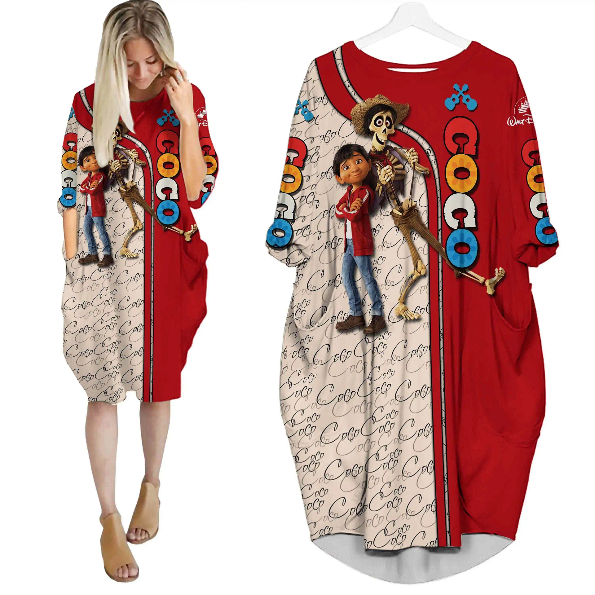 Red Coco Musical Pattern Disney Cartoon Summer Vacation Outfits Women Girls Batwing Pocket Dress