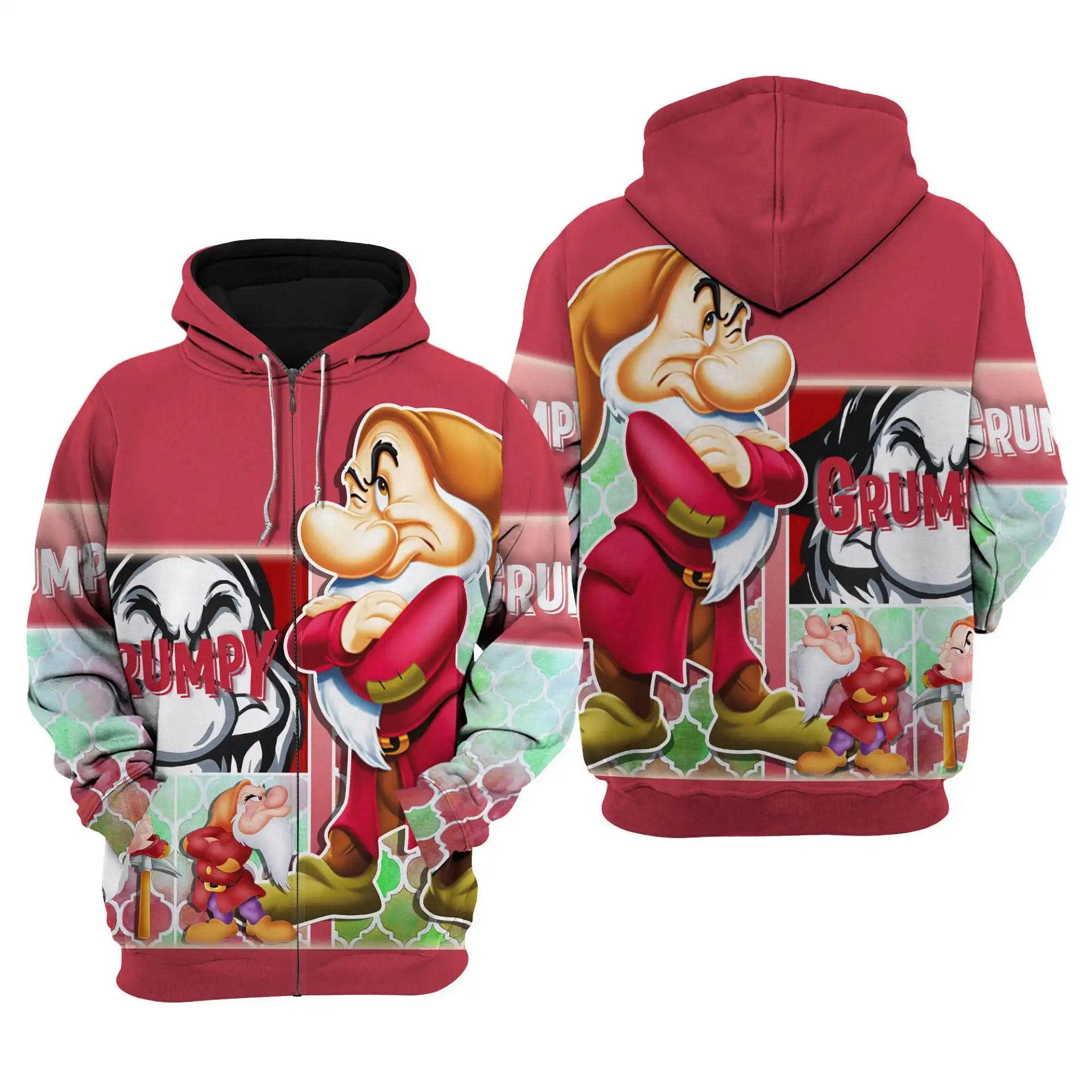Red Grumpy Dwarf Disney Graphic Cartoon Outfits Clothing Men Women Kids Toddlers Hoodie 3D