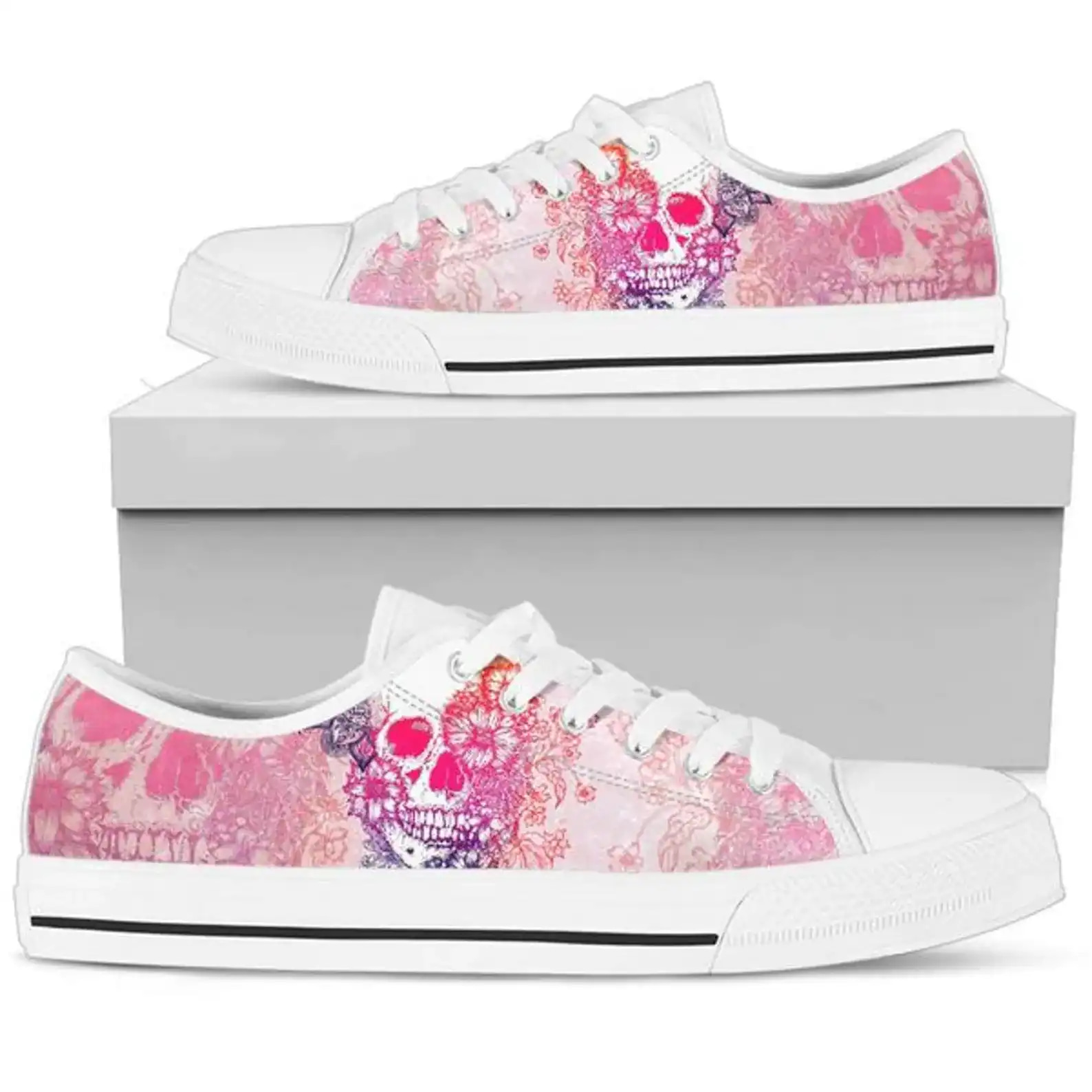 Skull Pink Flower Low Top Sneakers
