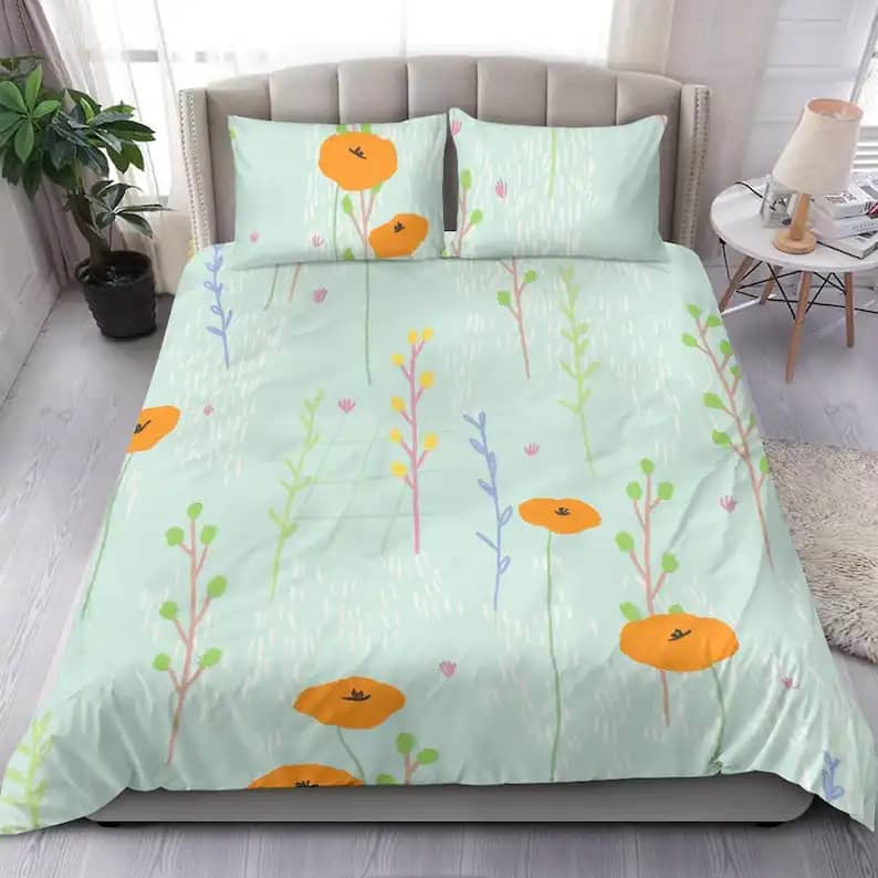 Soft Blue Bedding Set With Colorful Flower Drawing Perfect For Kids Room Quilt Bedding Sets