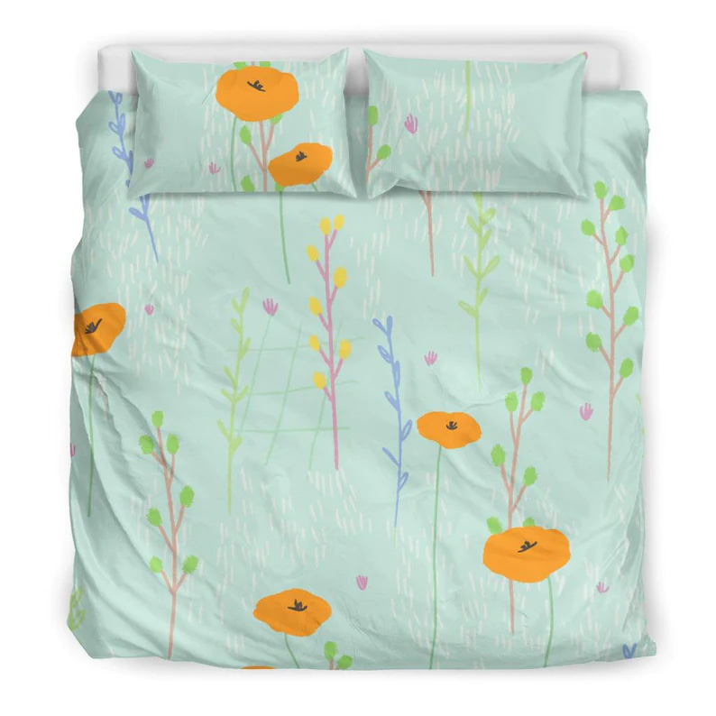 Inktee Store - Soft Blue Bedding Set With Colorful Flower Drawing Perfect For Kids Room Quilt Bedding Sets Image
