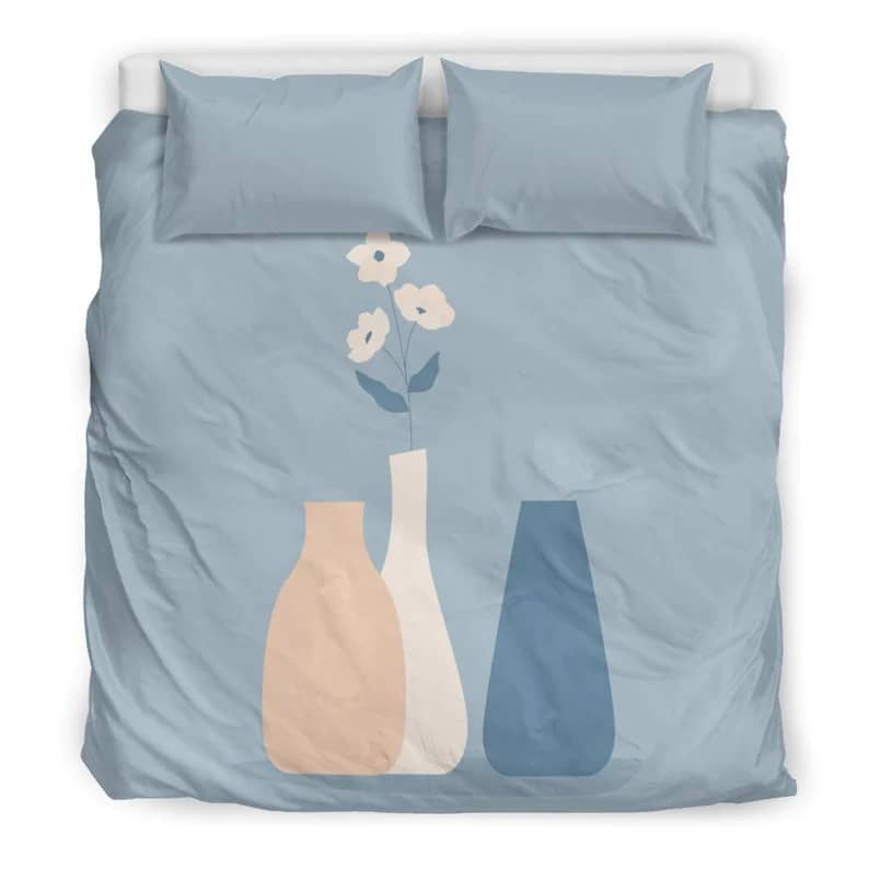 Inktee Store - Soft Blue With Simple Art White Flower Bouquet In A Vase Quilt Bedding Sets Image