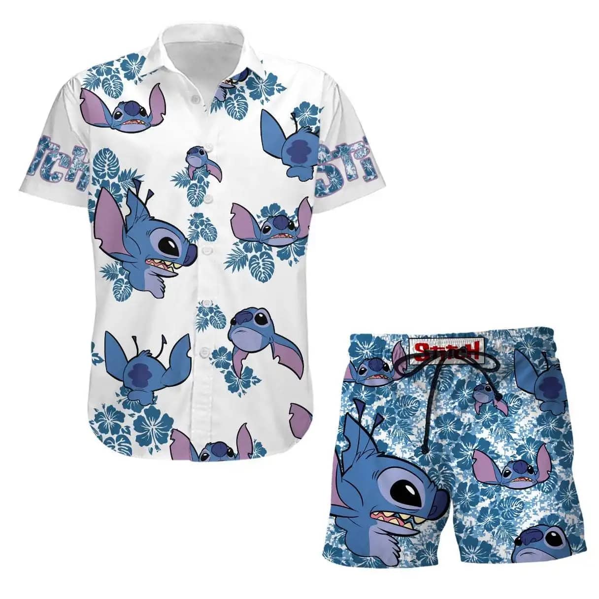 Stitch Blue Hibiscus Disney Summer Tropical Print Vacation Shorts Set Unisex Cartoon Graphic Outfits Men Women Hawaiian shirts