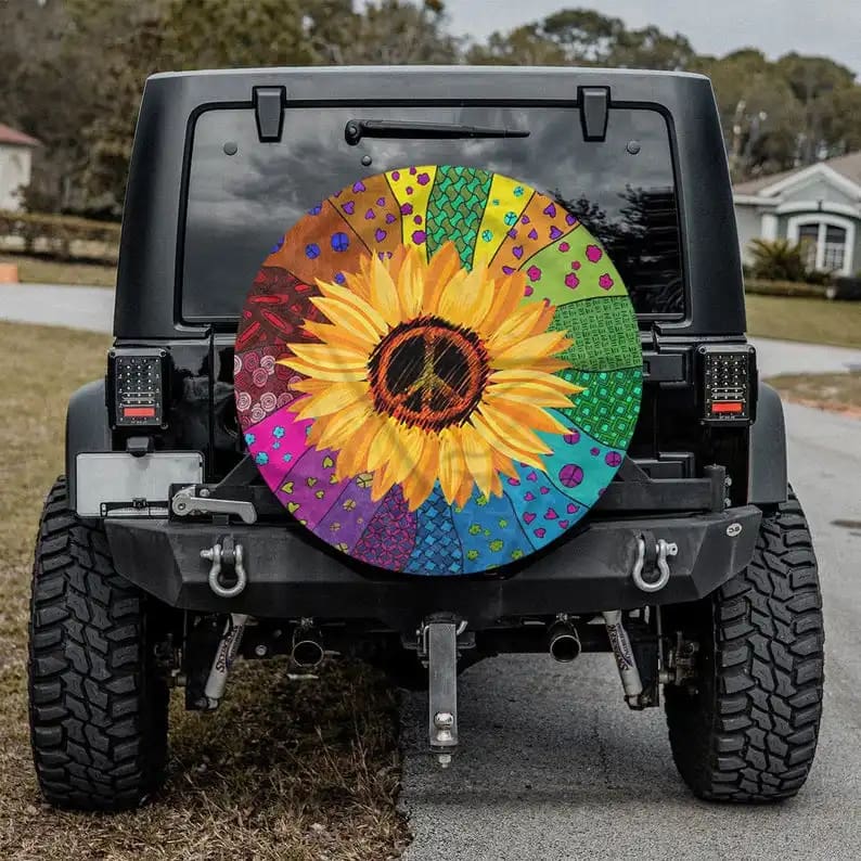 Sunflower Peace Sign Art Tire Cover