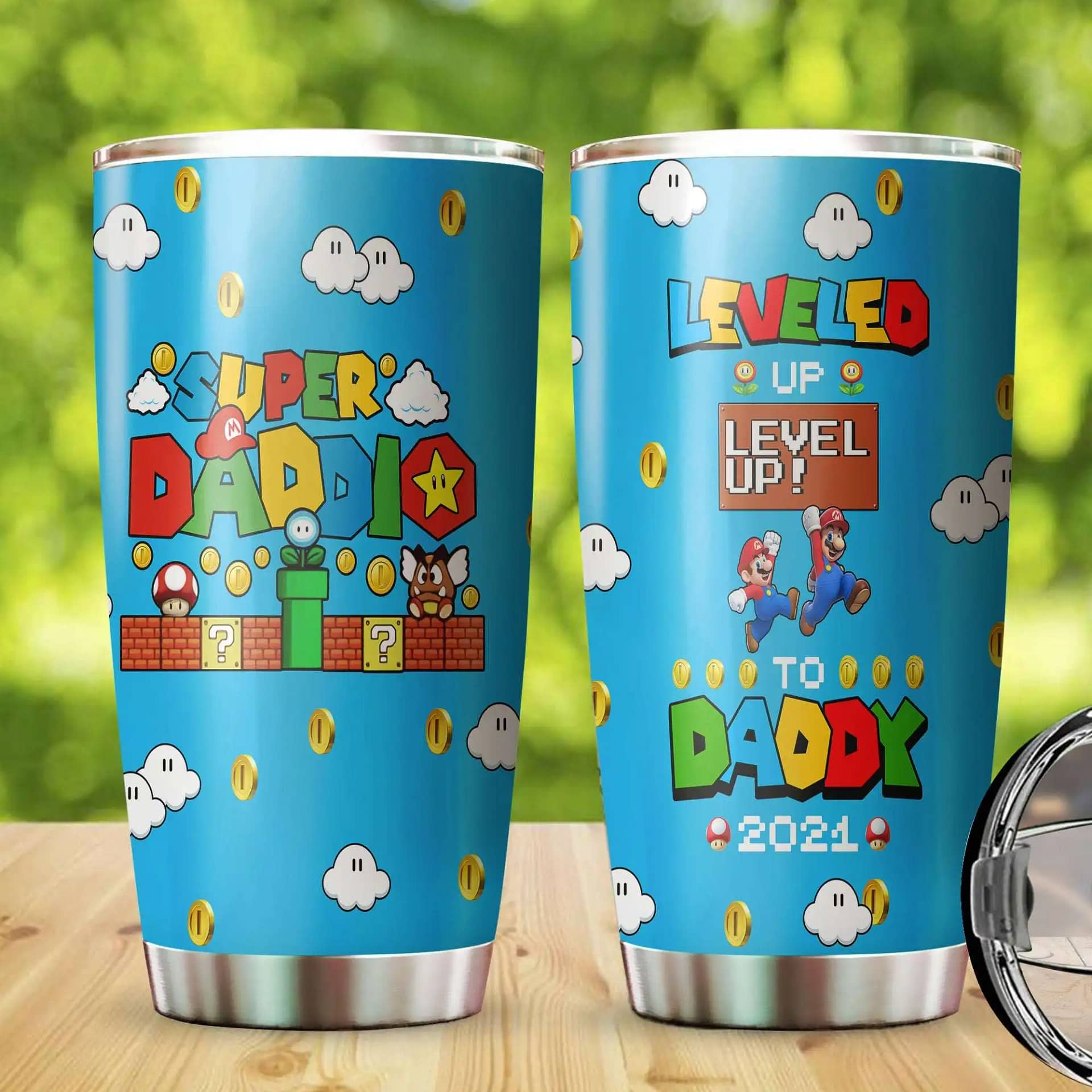 Super Daddio Lveled Up To Daddy 2021 Mario Gift Stainless Steel Tumbler