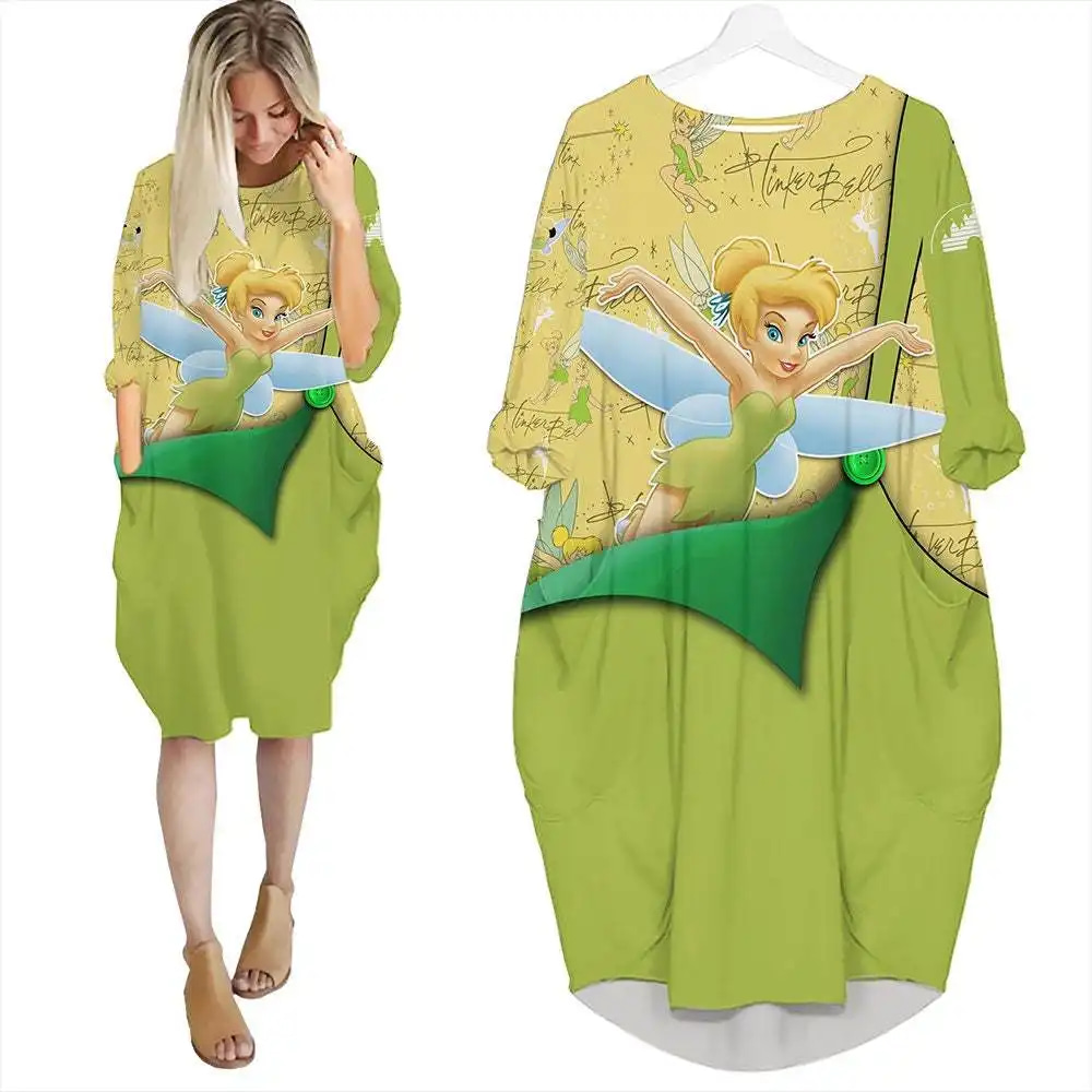Tinker Bell Green Cute Disney Cartoon Summer Vacation Outfits Women Girls Batwing Pocket Dress