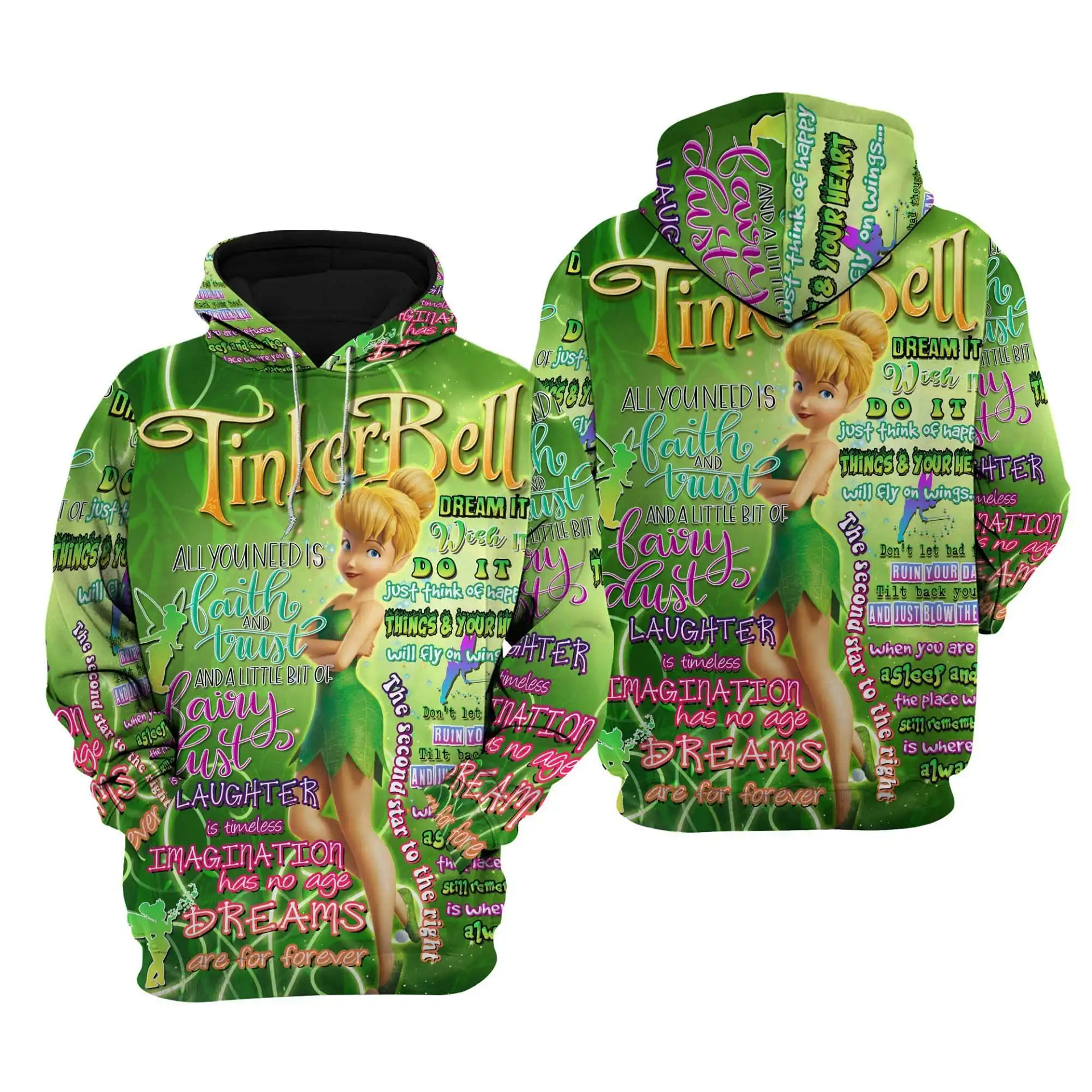 Tinker Bell Punk Words Pattern Disney Quotes Cartoon Graphic Outfits Clothing Men Women Kids Toddlers Hoodie 3D