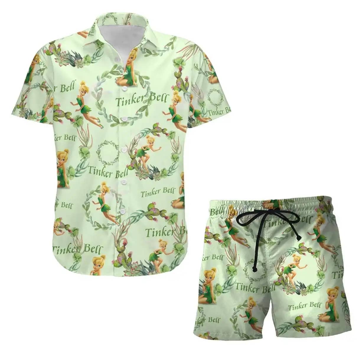 Tinker Bell Wreath Disney Summer Tropical Print Vacation Shorts Set Unisex Cartoon Graphic Outfits Men Women Hawaiian Shirts