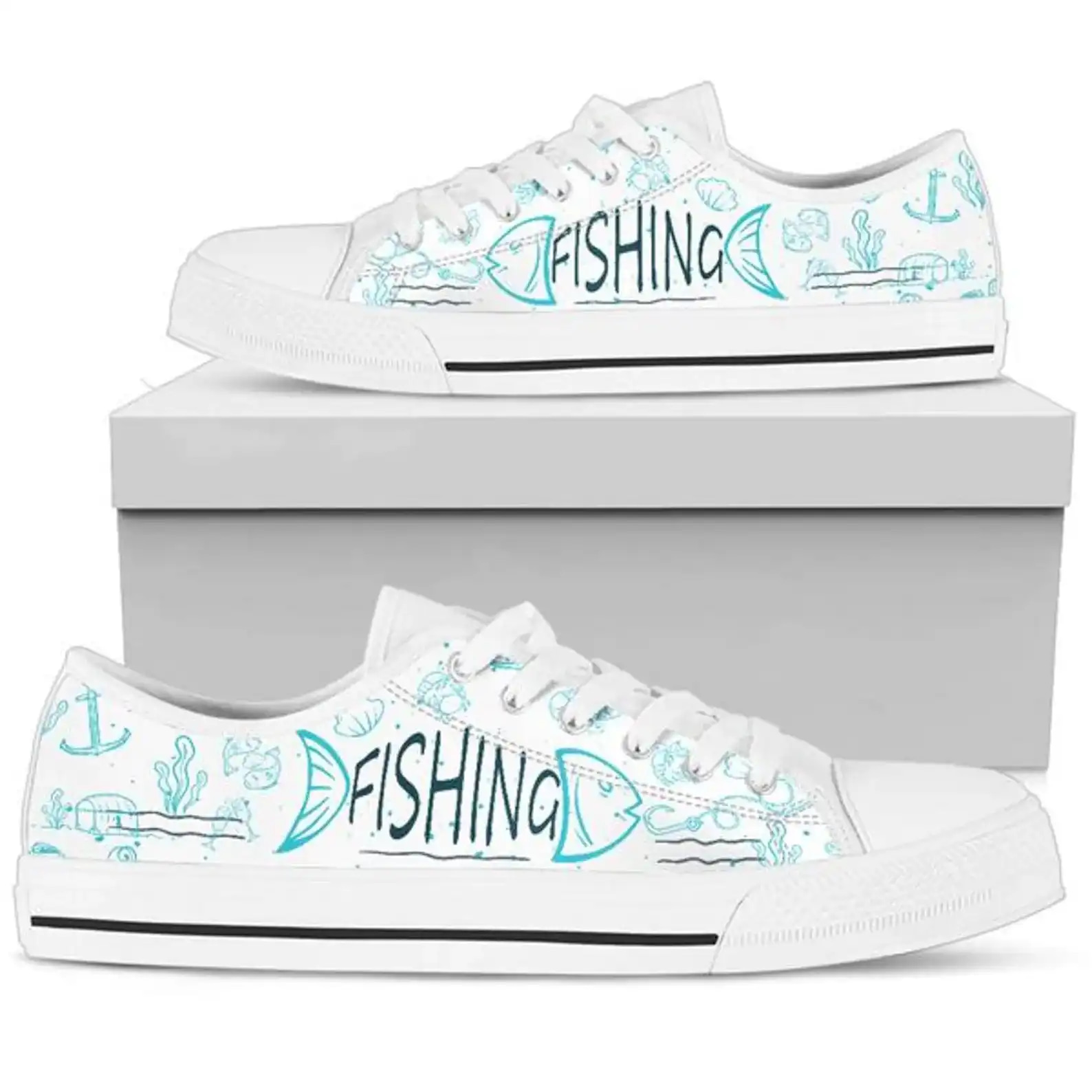 Under Sea Fishing Blue Detail Aquatic Plants And Animals Low Top Sneakers