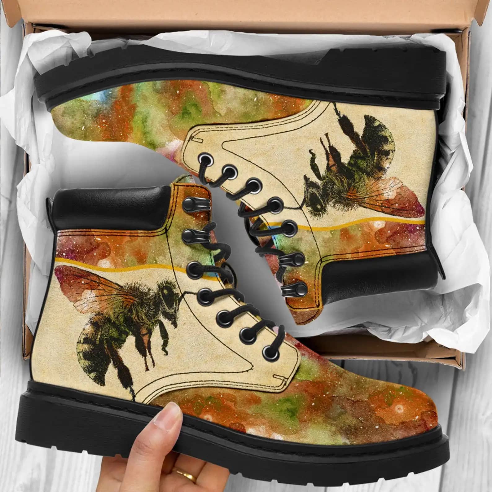 Vegan Leather Vintage Boots Big Bee Watercolor Style All Season Boot