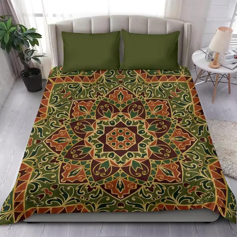 Vintage Oriental Red And Mustard Yellow Mandala Pretty Bohemian Boho Chic Bedding Set For The Fanciest Bedroom Quilt Bedding Sets