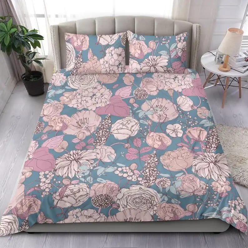 Vintage Pastel Pink And Blue Floral Pattern Quilt Bedding Sets