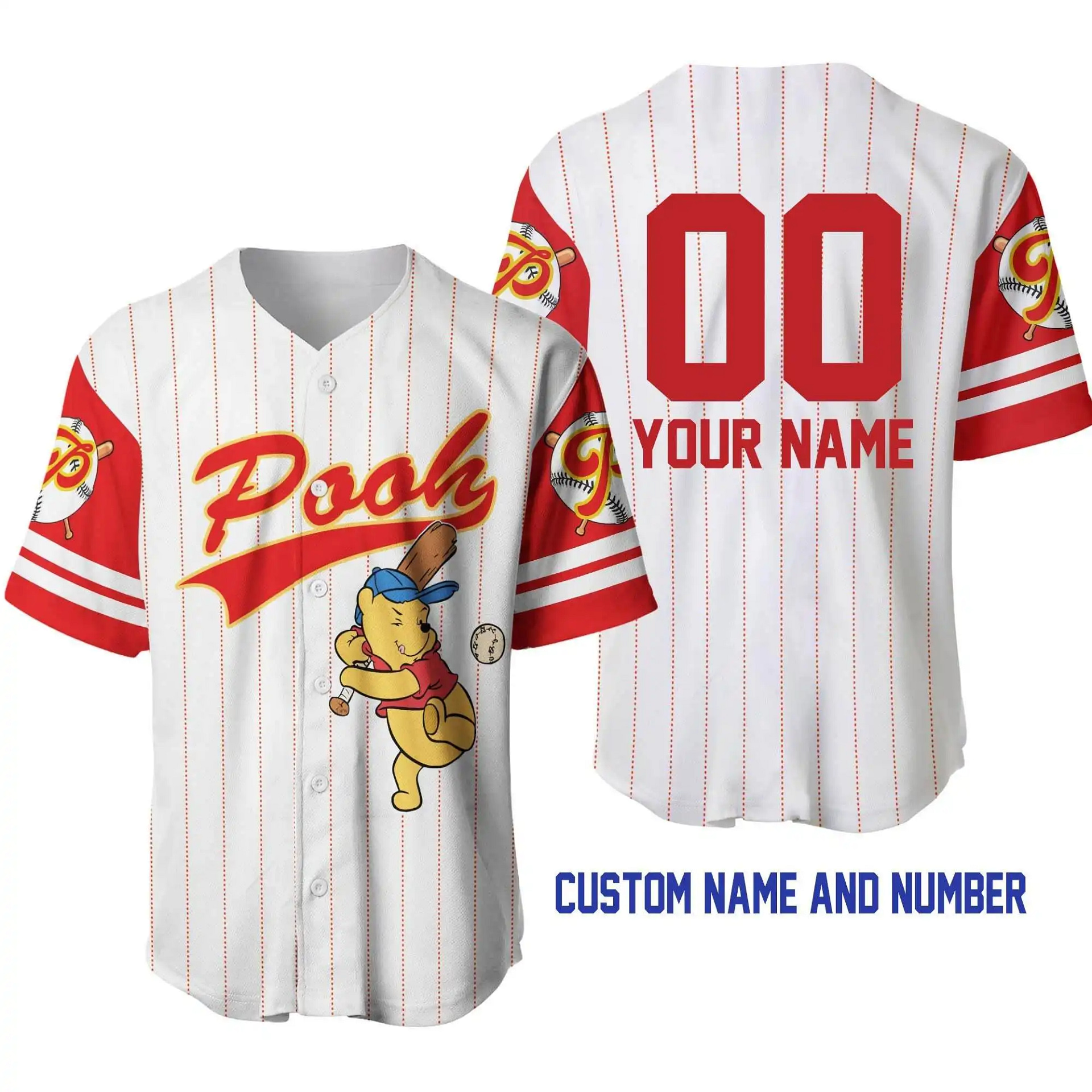 Winnie Pooh White Red Disney Unisex Cartoon Graphic Casual Outfits Custom Personalized Men Women Baseball Jersey