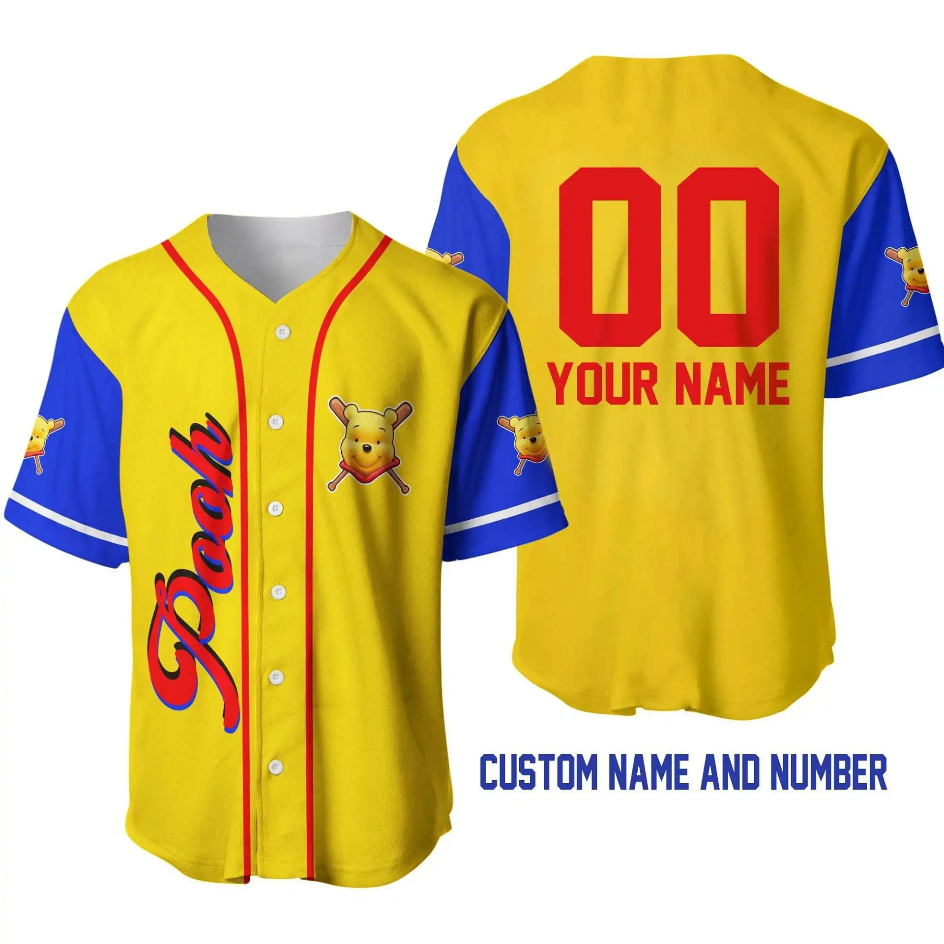 Winnie Pooh Yellow Red Blue Disney Unisex Cartoon Graphic Casual Outfits Custom Personalized Men Women Baseball Jersey