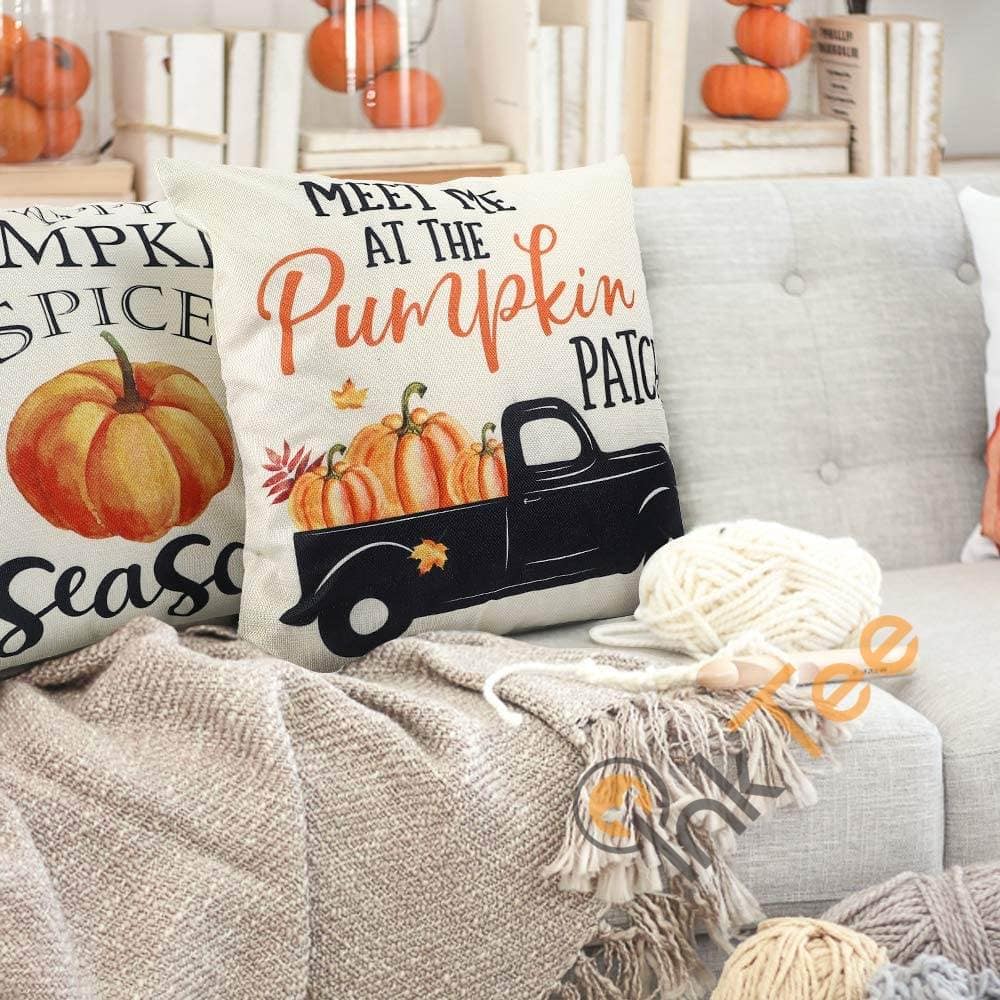 Inktee Store - Set Of 4 Pumpkin Truck Leaves Autumn Theme Farmhouse Pillowcase Cotton Linen Personalized Gifts Image