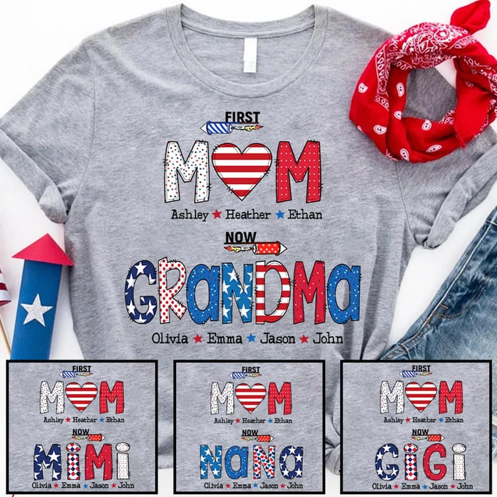 4th Of July Custom Name Nana Shirt, Custom Mom Shirt With Grandkids Shirt, Patriotic 4th Of July Firecrackers Tee Shirt For Independence Day