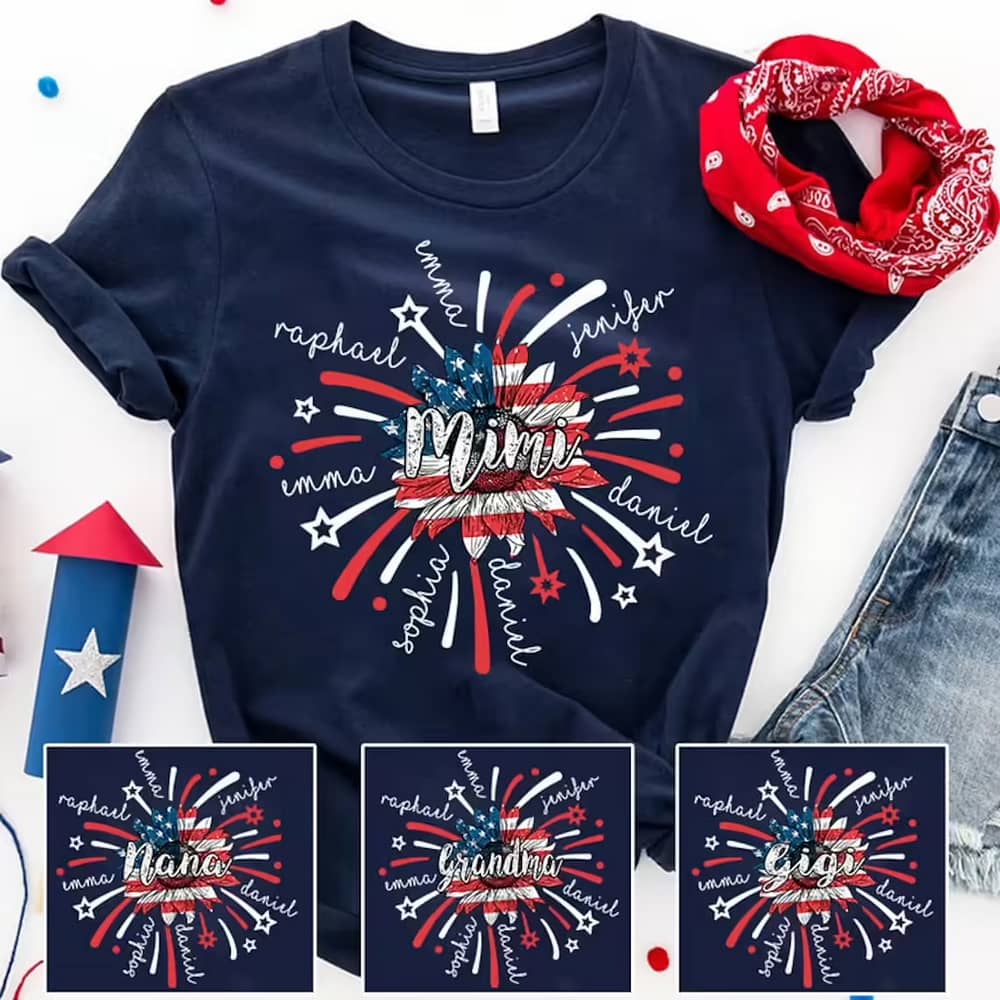 4th Of July Mimi T Shirt, Custom Grandma Shirt With Kids Names Shirt, Patriotic 4th Of July Firecrackers Tee Shirt For Independence Day