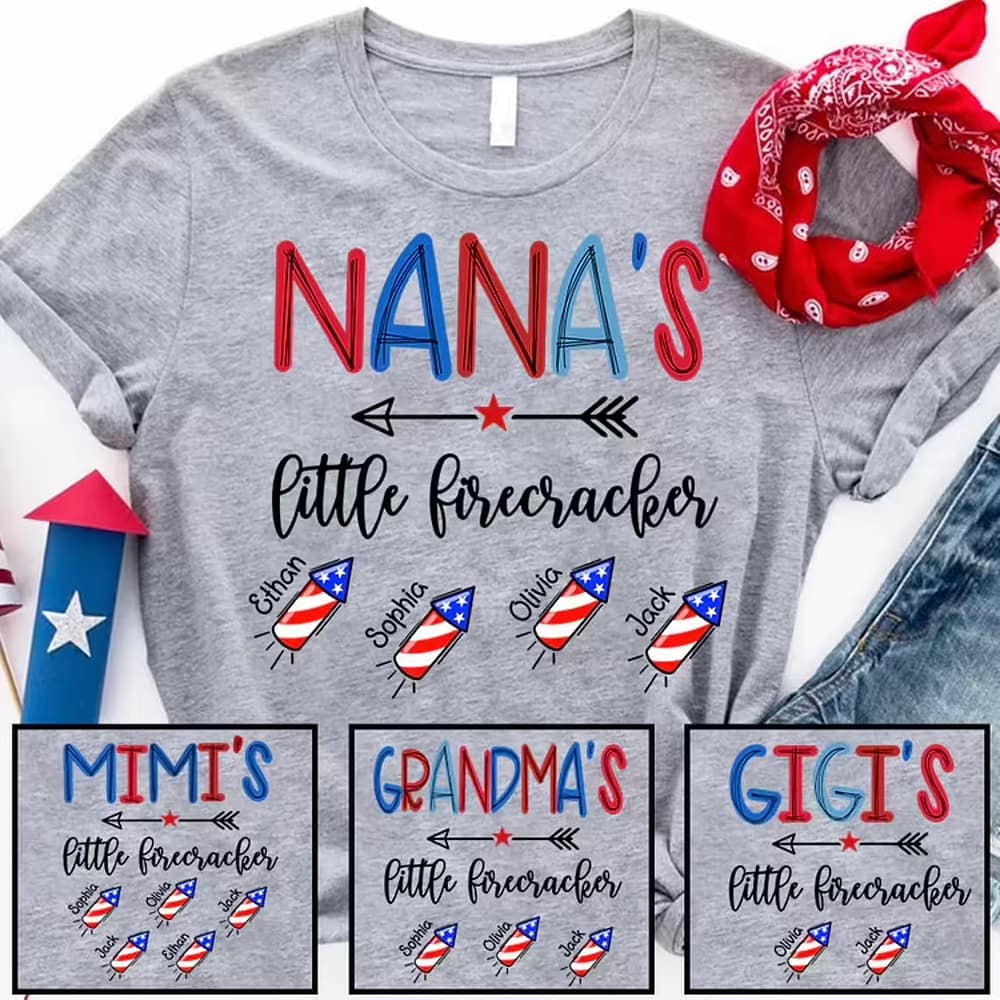 4th Of July Nana T Shirt, Custom Grandma Shirt With Kids Names Shirt, Patriotic 4th Of July Firecrackers Tee Shirt For Independence Day