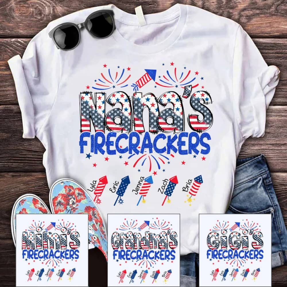 Personalized Grandma T Shirt, Custom Grandma Shirt With Kids Names Shirt, Patriotic 4th Of July Firecrackers Tee Shirt For Independence Day