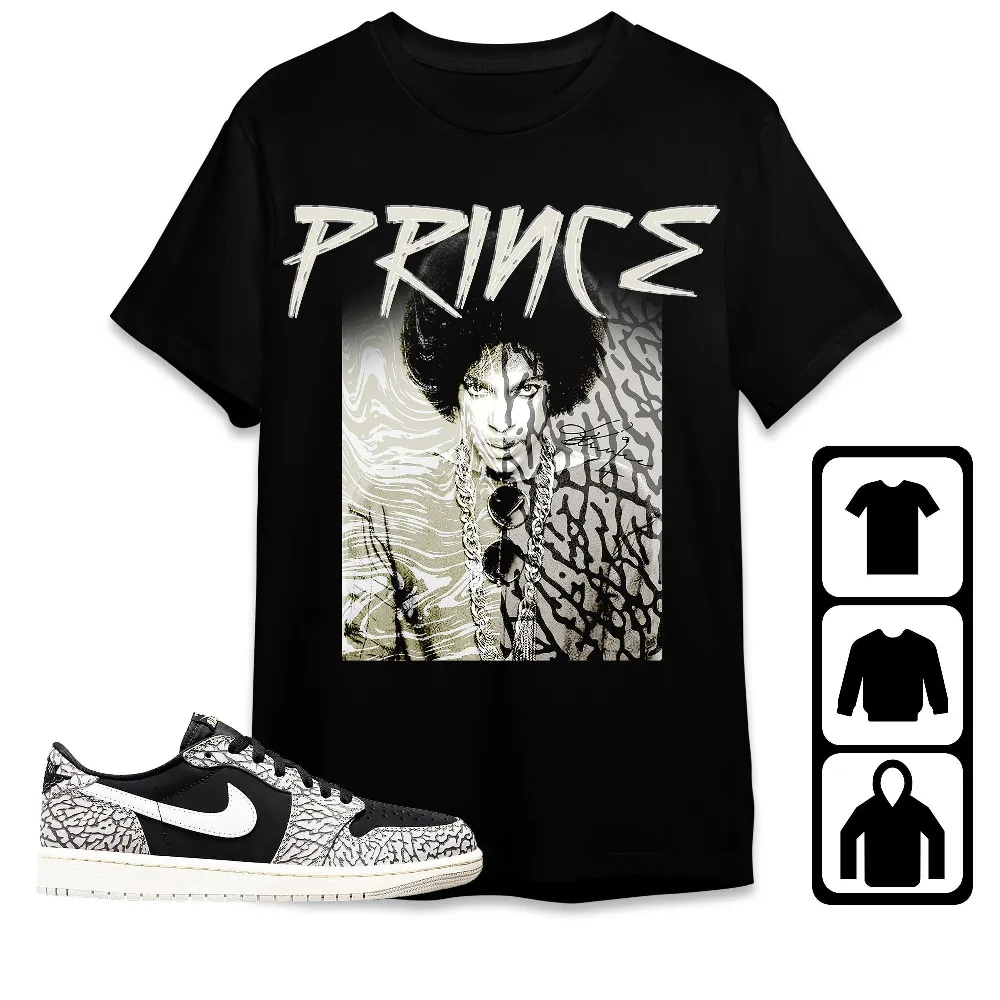 Inktee Store - Jordan 1 Low Black Cement Unisex T-Shirt - Prince Signature - Sneaker Match Tees Image