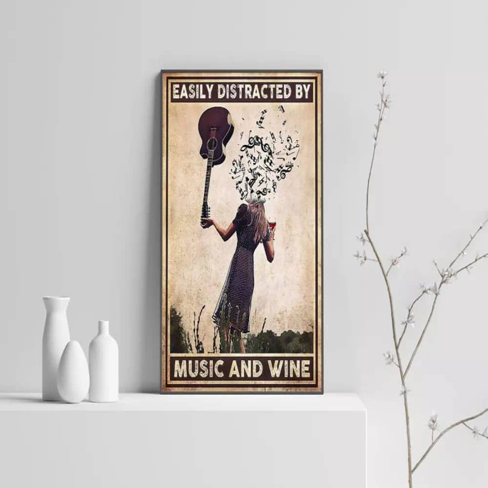 Easily Distracted By Music And Wine Print Lover Gift Idea Vintage Poster