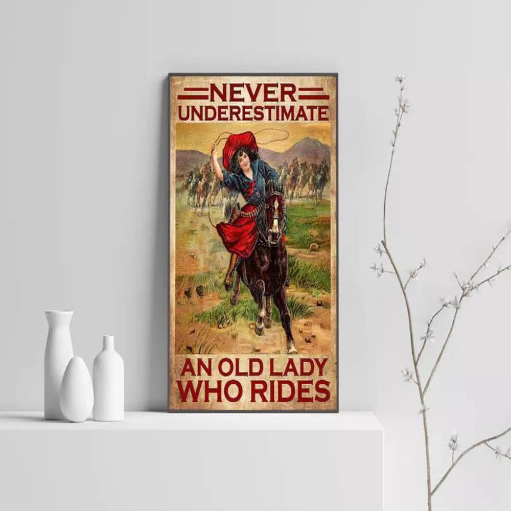 Never Underestimate An Old Lady Who Rides Strong Woman Horse Print Boho Style Vintage Printable Wall Art Poster