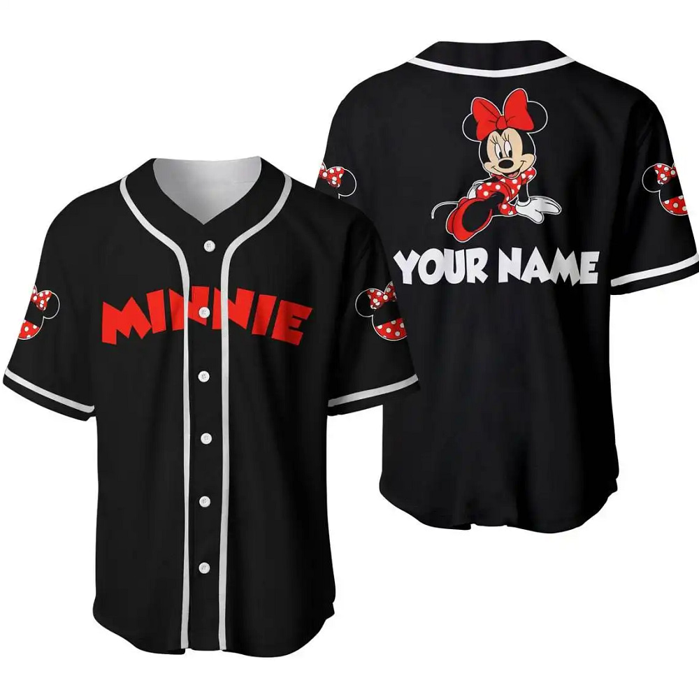Custom Chilling Minnie Mouse Disney Unisex Cartoon Graphic Black Baseball Jersey