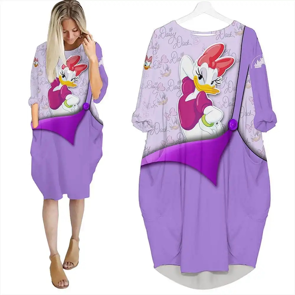 Daisy Duck Purple Cute Disney Cartoon Summer Vacation Outfits Women Girls Batwing Pocket Dress
