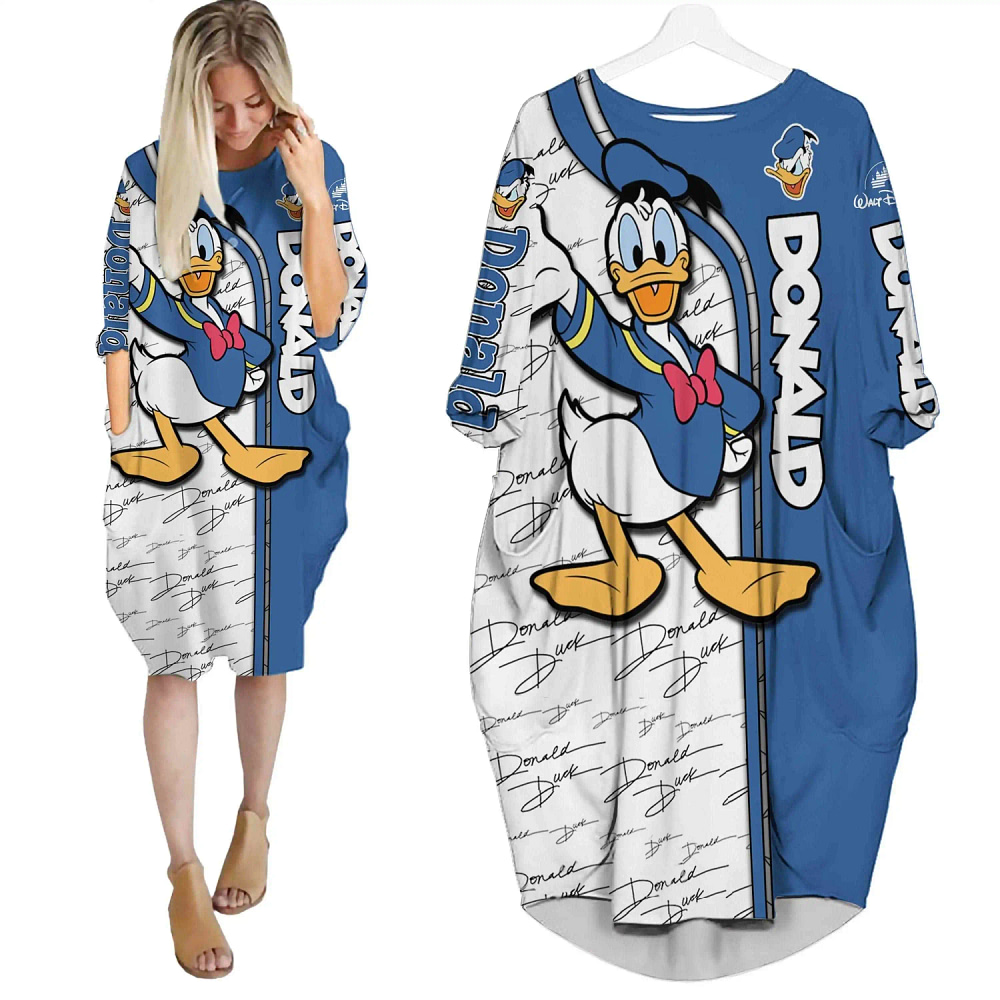 Donald Duck Pattern Cute Disney Cartoon Summer Vacation Outfits Women Girls Batwing Pocket Dress