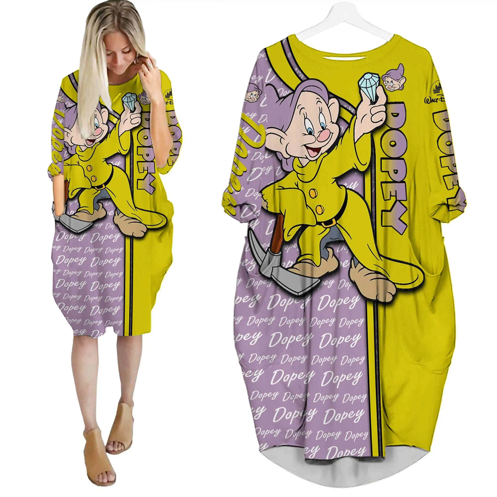 Dopey Dwarf Pattern Cute Disney Cartoon Summer Vacation Outfits Women Girls Batwing Pocket Dress