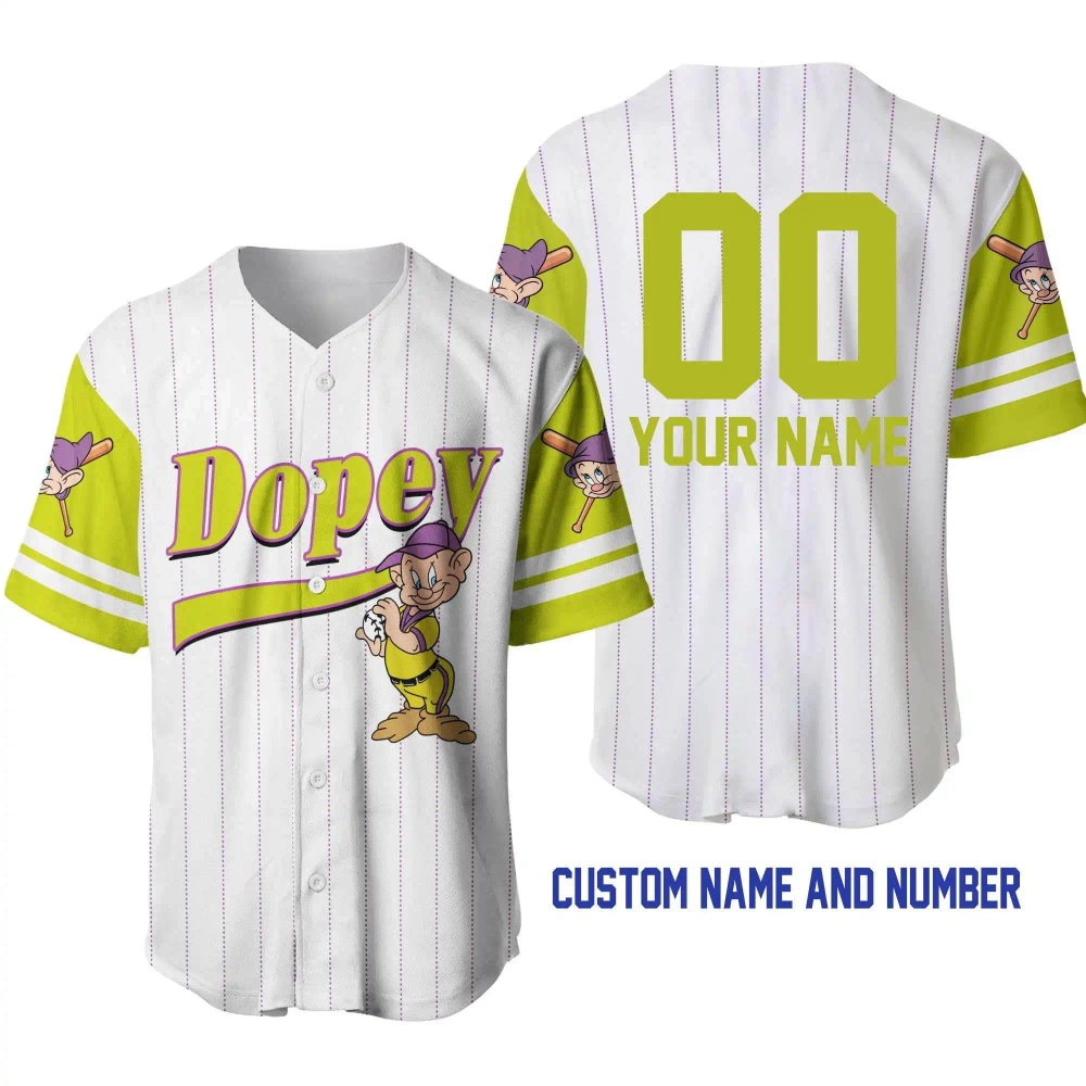 Dopey Dwarf White Chartreuse Disney Unisex Cartoon Graphic Casual Outfits Custom Personalized Men Women Baseball Jersey