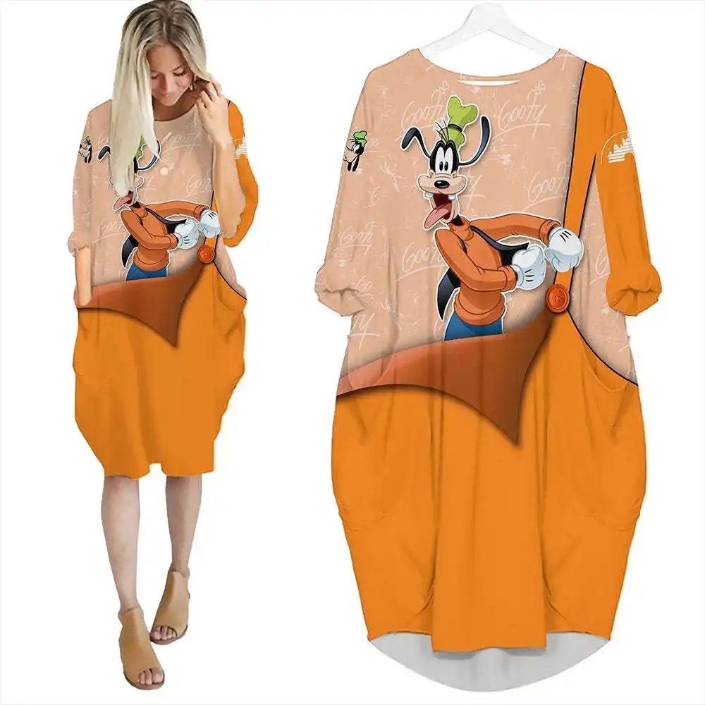 Goofy Dog Orange Cute Disney Cartoon Summer Vacation Outfits Women Girls Batwing Pocket Dress