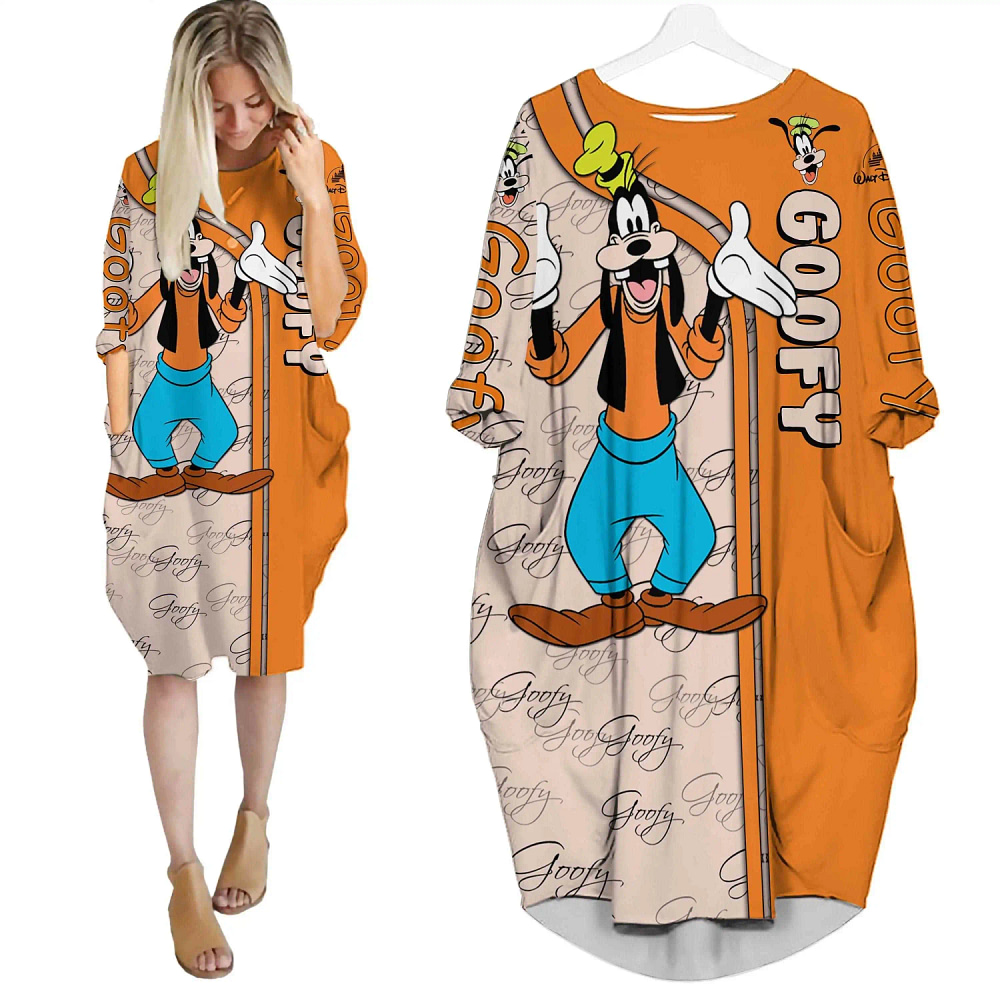Goofy Dog Orange Pattern Disney Cartoon Summer Vacation Outfit Women Girl Batwing Pocket Dress