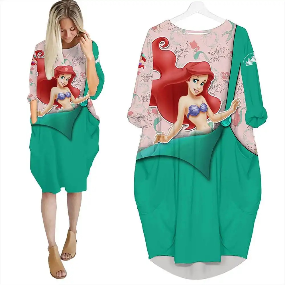 Little Mermaid Ariel Green Disney Cartoon Summer Vacation Outfits Women Girls Batwing Pocket Dress