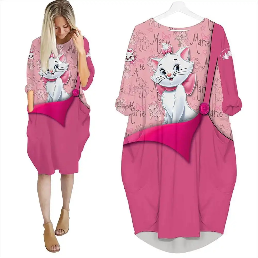 Marie Cat Pink Cute Disney Cartoon Summer Vacation Outfits Women Girls Batwing Pocket Dress
