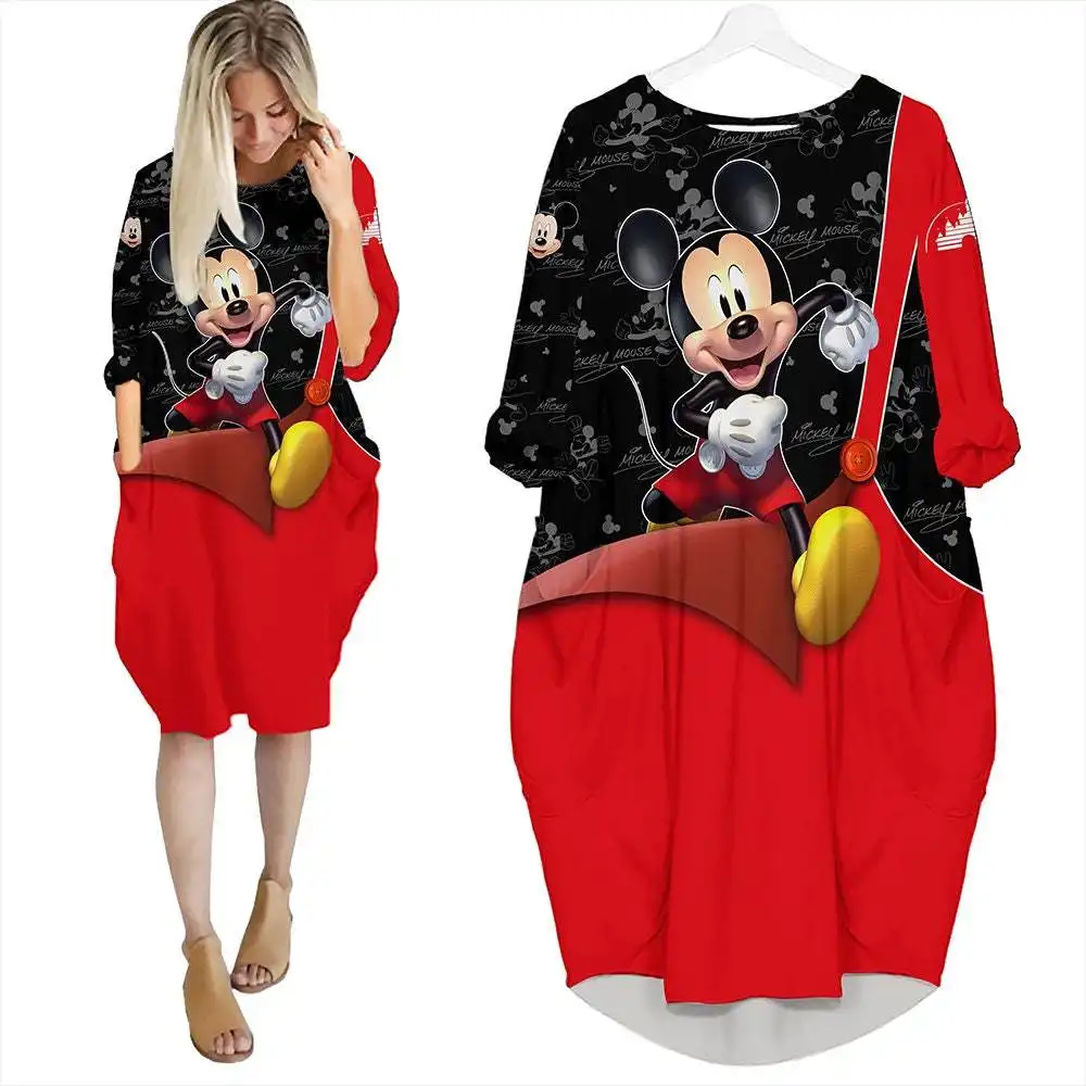 Mickey Mouse Black Cute Disney Cartoon Summer Vacation Outfits Women Girls Batwing Pocket Dress