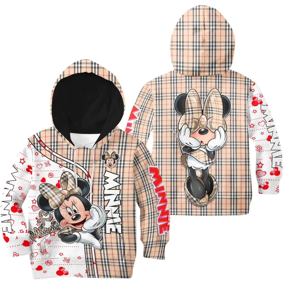Minnie Signature Plaid Stripe White Brown Disney Cartoon Graphic Outfits Clothing Youth Kids Toddlers Hoodie 3D
