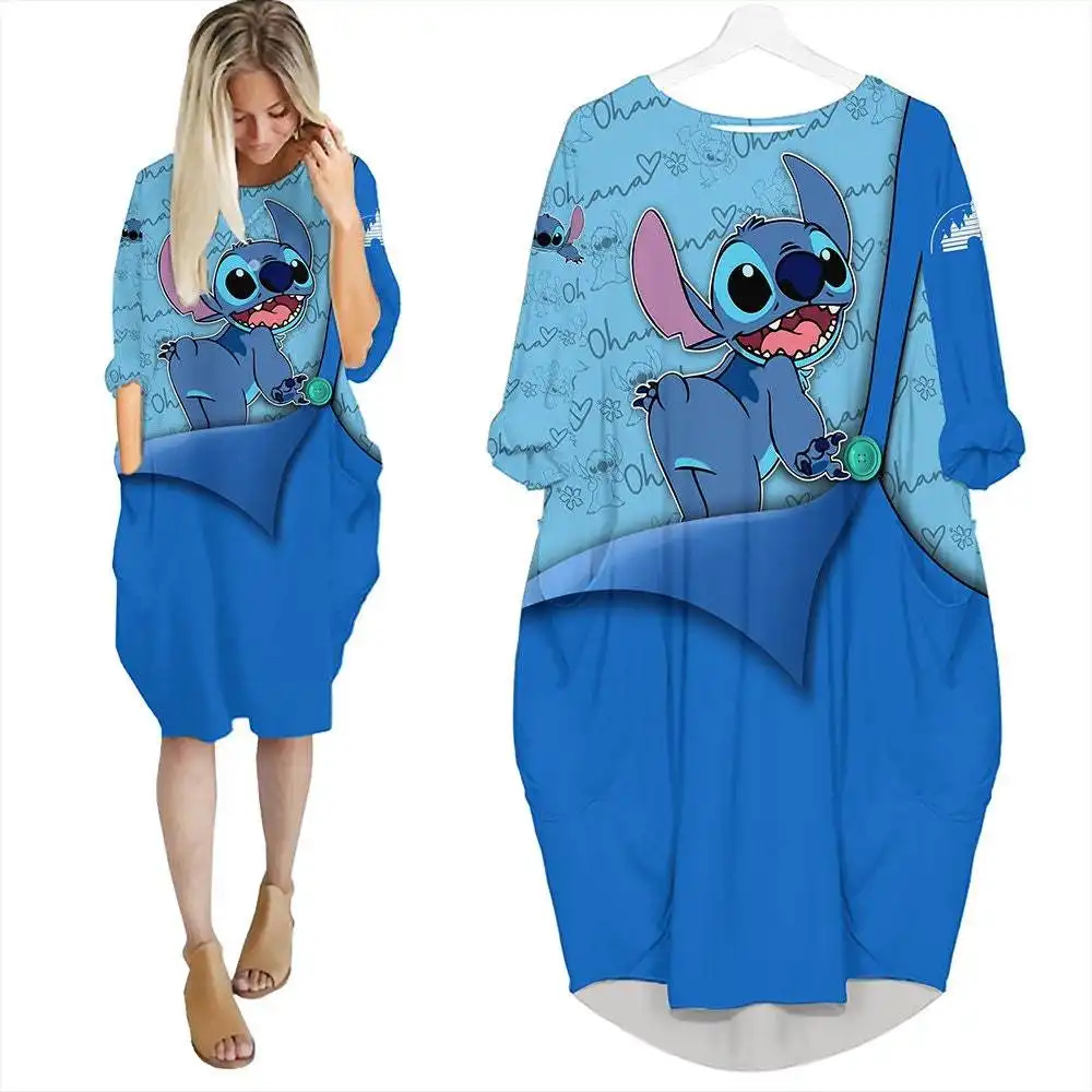 Ohana Stitch Blue Cute Disney Cartoon Summer Vacation Outfits Women Girls Batwing Pocket Dress