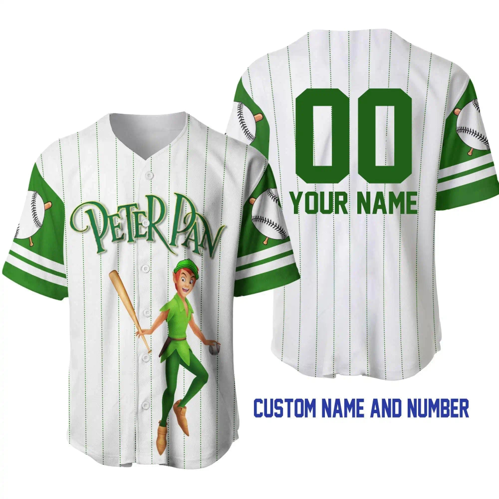 Peter Pan White Green Disney Unisex Cartoon Graphic Casual Outfits Custom Personalized Men Women Baseball Jersey