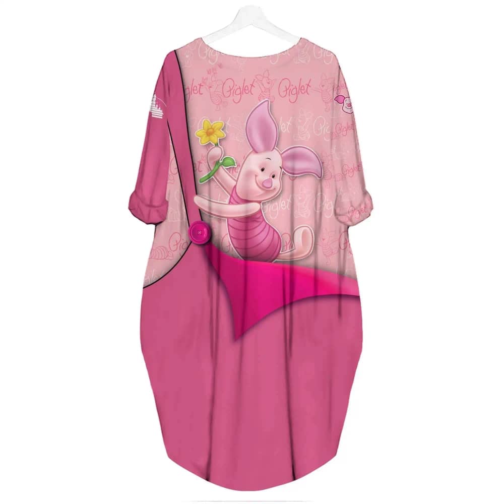 Piglet Pink Cute Disney Cartoon Summer Vacation Outfits Women Girls Batwing Pocket Dress