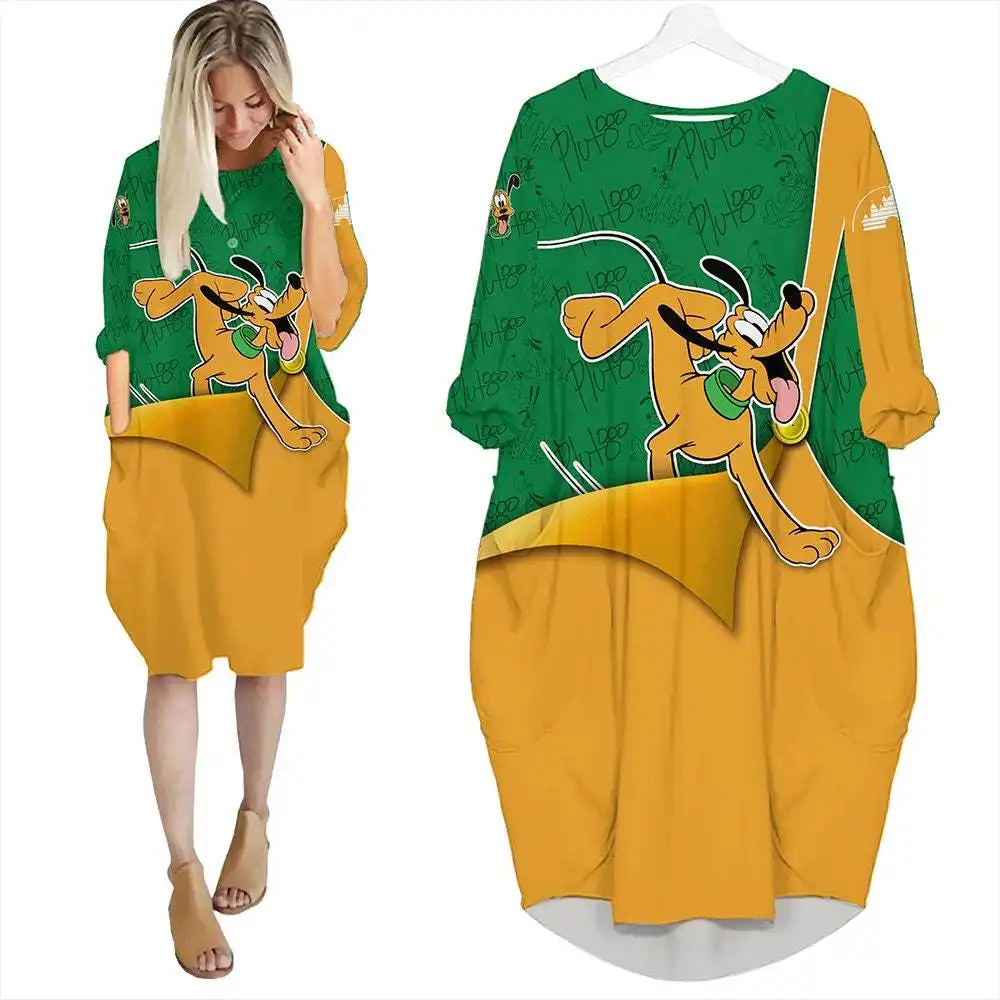Pluto Dog Green Cute Disney Cartoon Summer Vacation Outfits Women Girls Batwing Pocket Dress