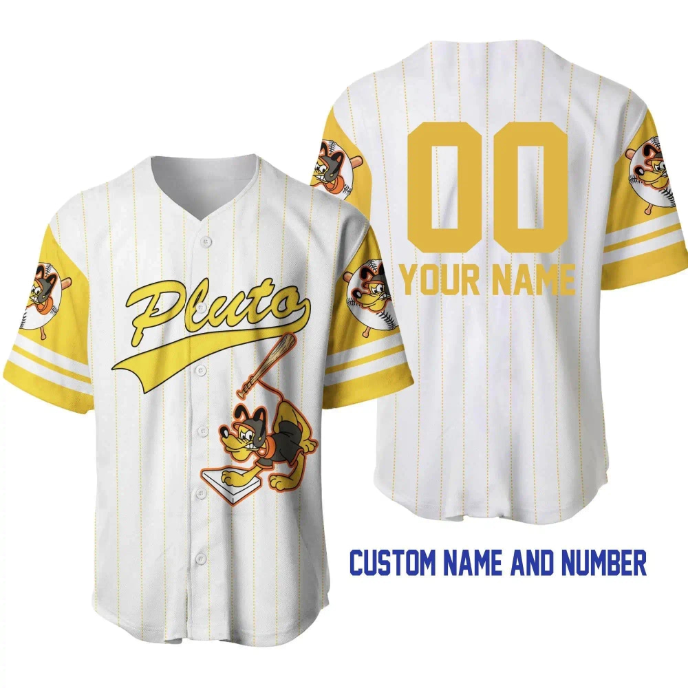 Pluto Dog White Yellow Disney Unisex Cartoon Graphic Casual Outfits Custom Personalized Men Women Baseball Jersey