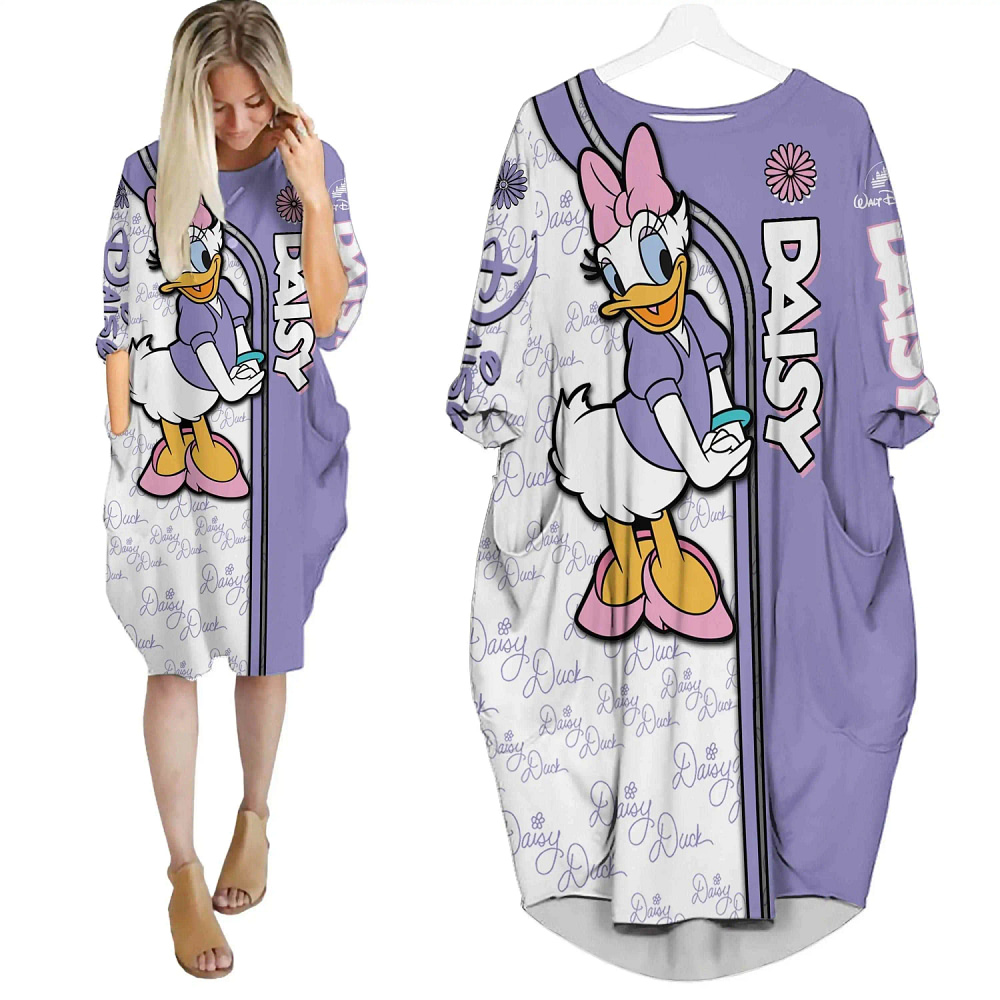 Purple Daisy Duck Pattern Disney Cartoon Summer Vacation Outfits Women Girls Batwing Pocket Dress