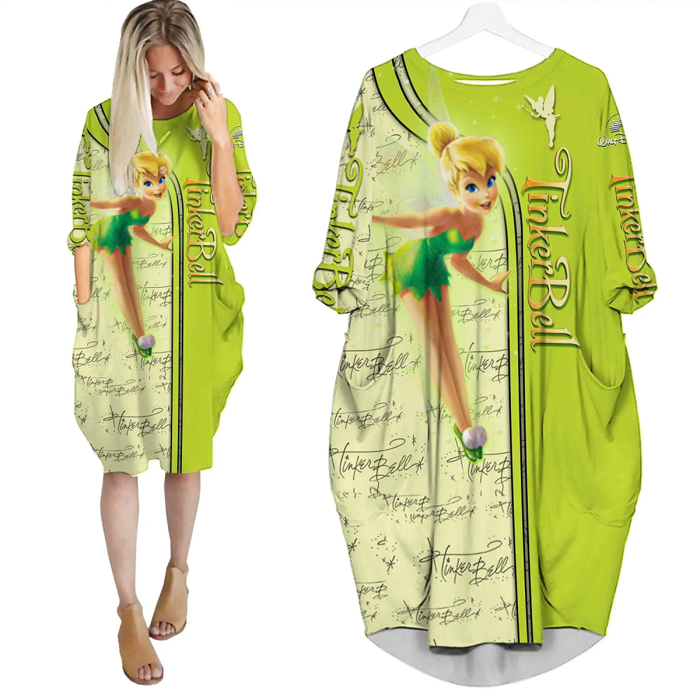 Tinker Bell Green Disney Cartoon Summer Vacation Outfits Women Girls Batwing Pocket Dress