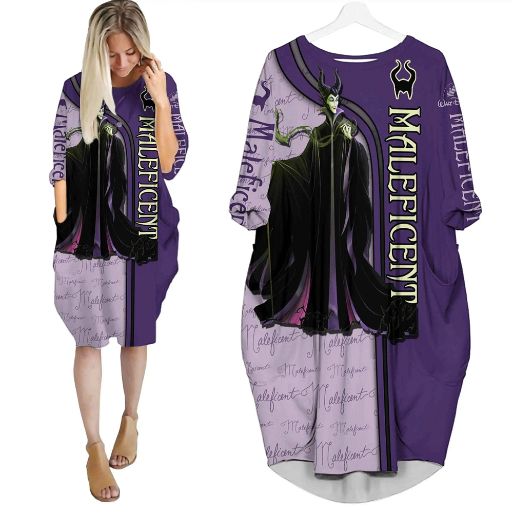 Villians Maleficent Purple Disney Cartoon Summer Vacation Outfits Women Girls Batwing Pocket Dress