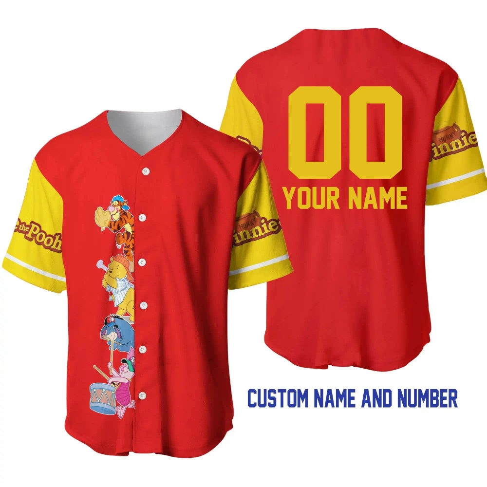 Winnie Pooh Bright Red Yellow Disney Unisex Cartoon Graphic Casual Outfits Custom Personalized Men Women Baseball Jersey
