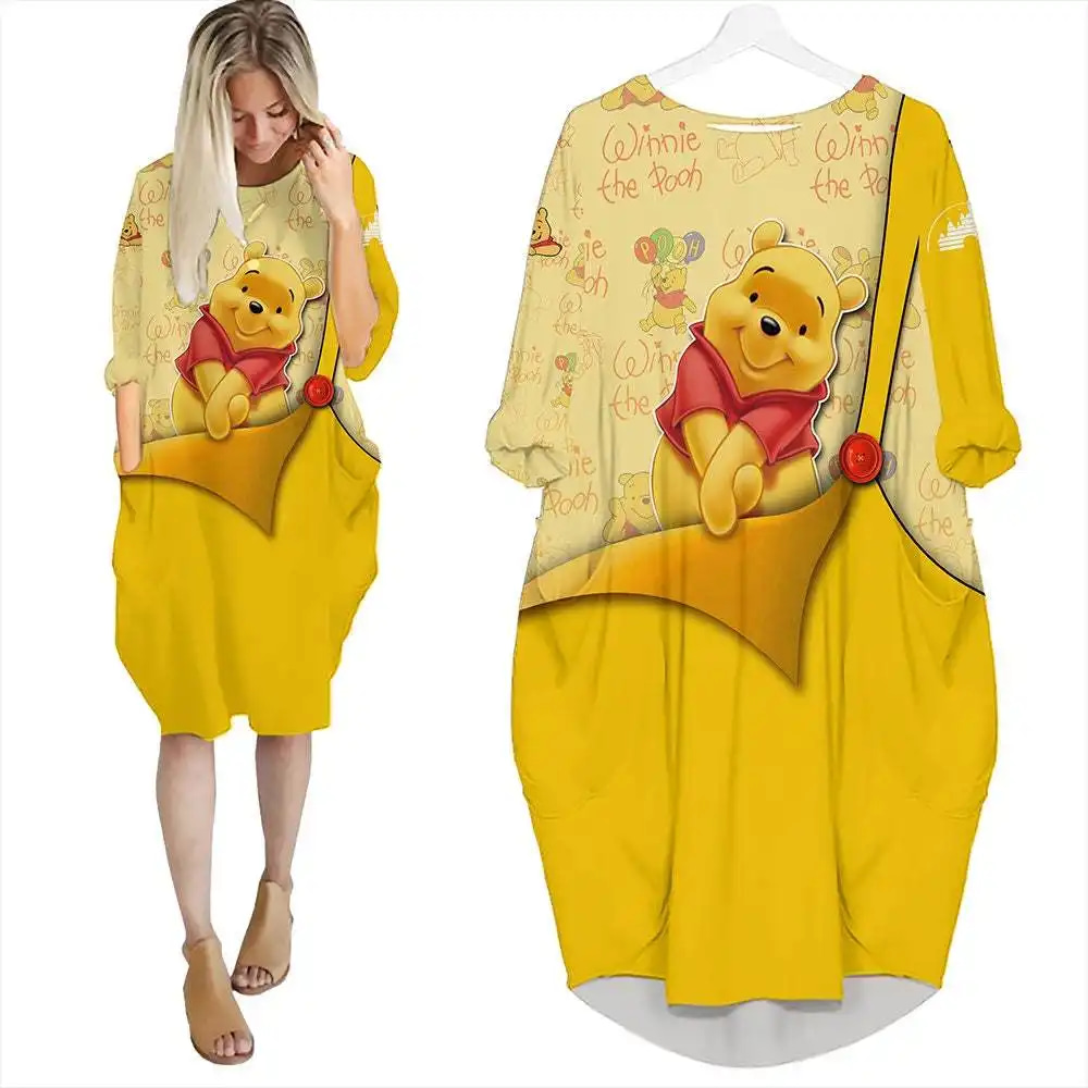 Winnie The Pooh Orange Cute Disney Cartoon Summer Vacation Outfits Women Girls Batwing Pocket Dress